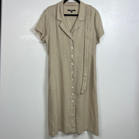 Quince European Linen Button Front Beige Short Sleeve Midi Shirt Dress Size L - Picture 2 of 10